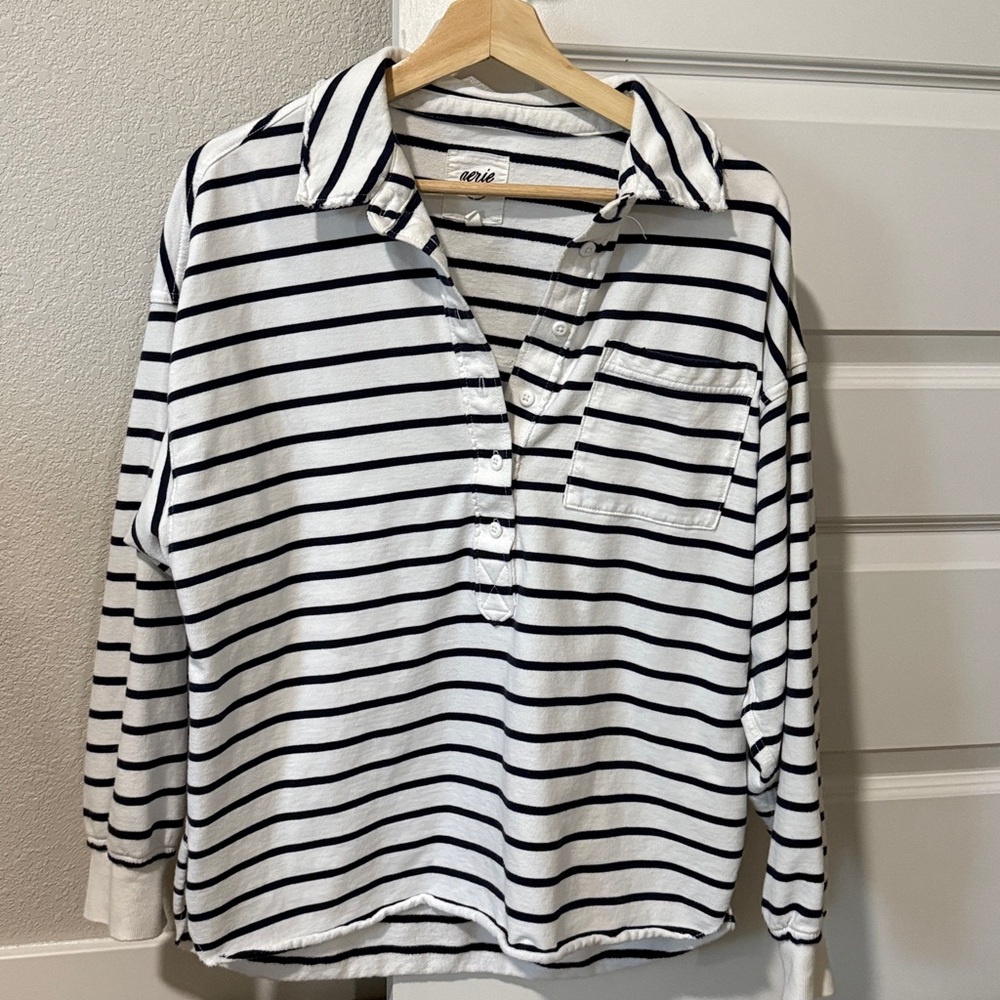 Aerie Navy and White Oversized Striped Polo Shirt